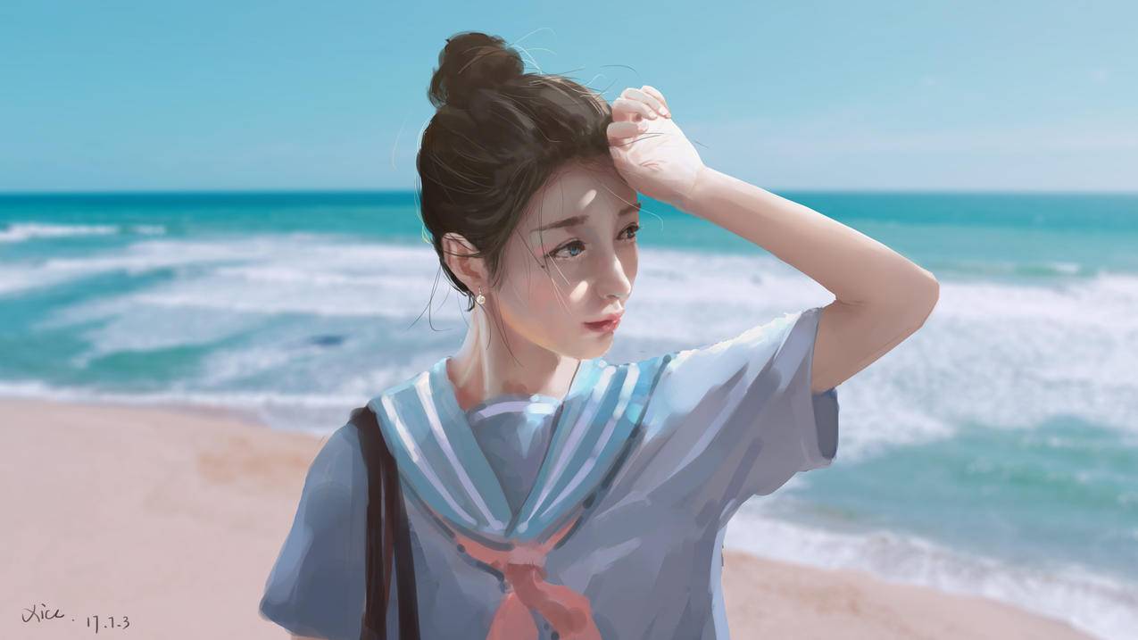 海边 丸子头 校服 耳环 4K高清动漫壁纸