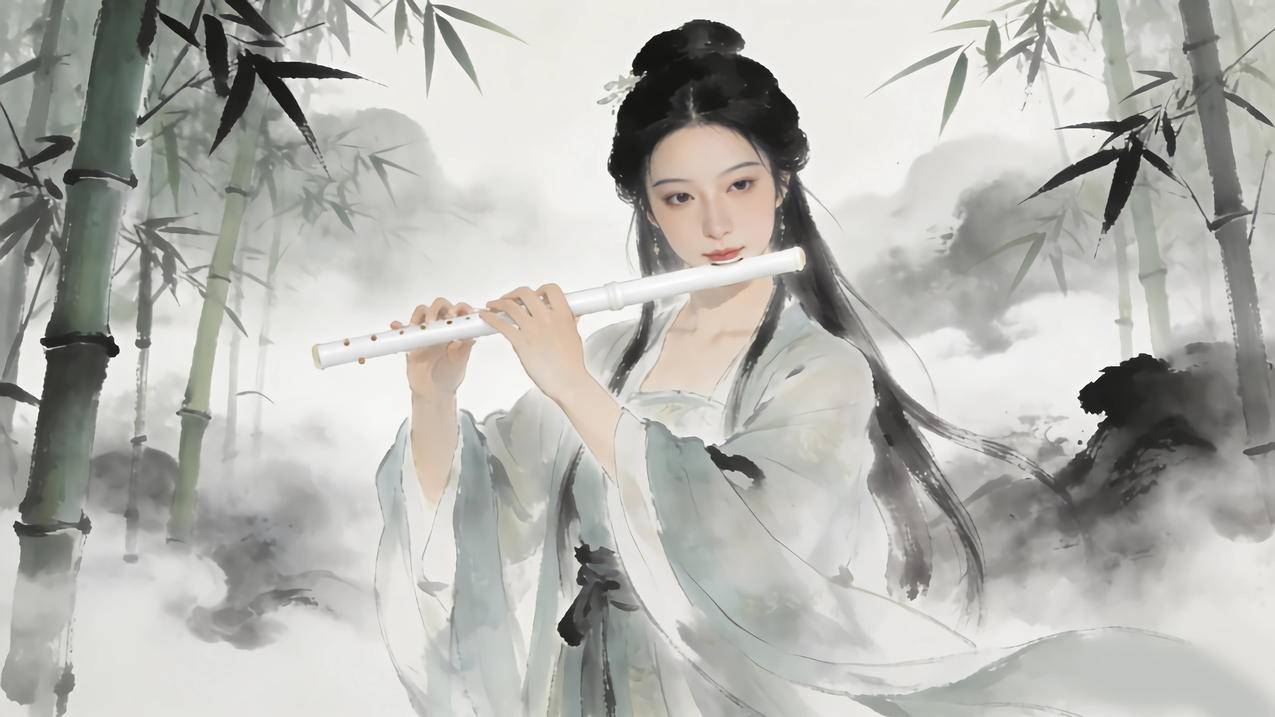 唯美古风美女 笛子 竹林 水墨风 4k壁纸3840x2160