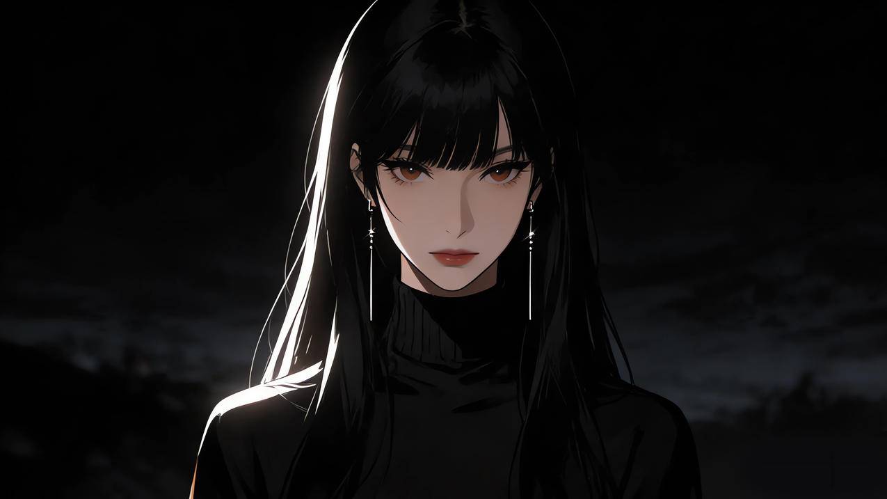 黑色长发动漫美女 高冷气质 暗黑背景 4K电脑壁纸3840x2160