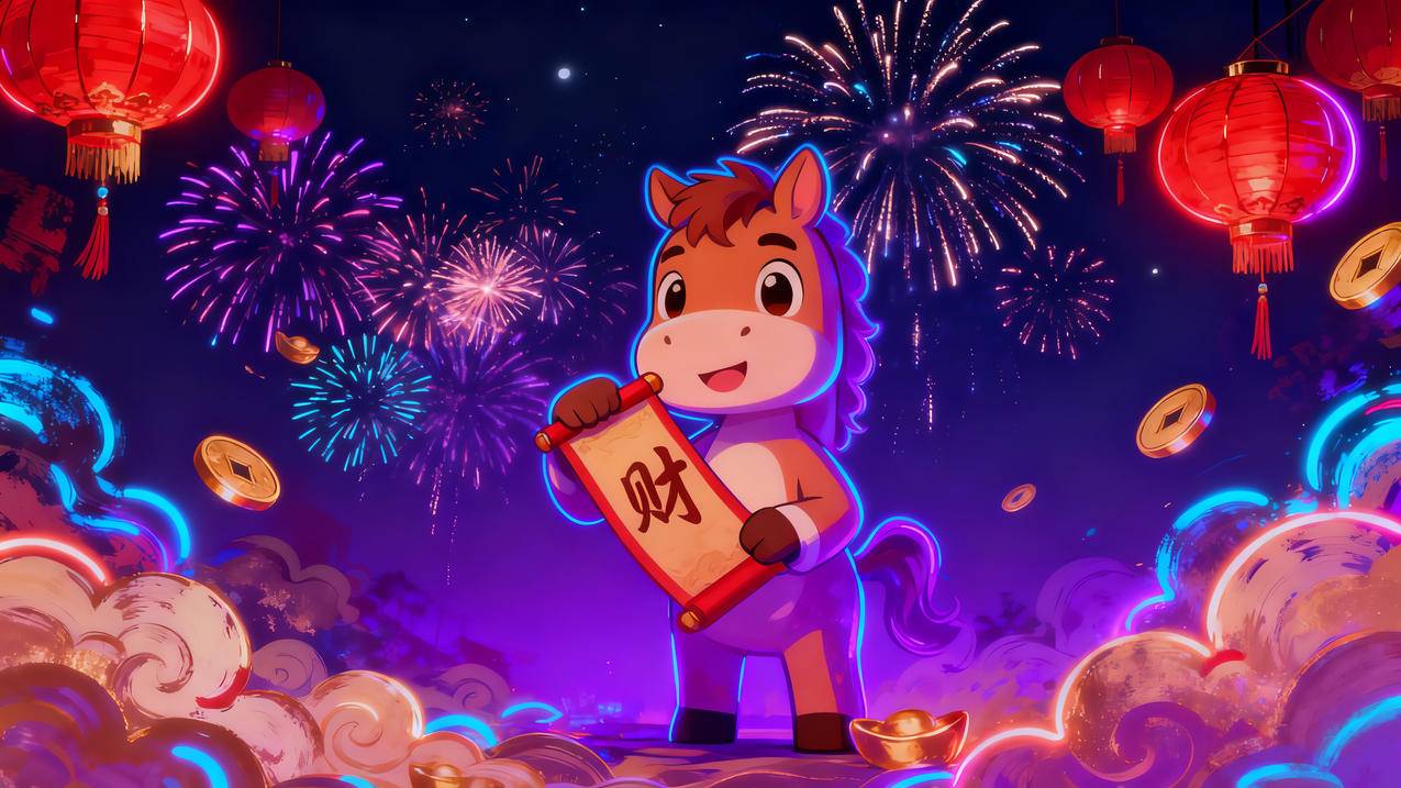 2026马年 夜晚 喜庆烟花 马儿 财 灯笼
