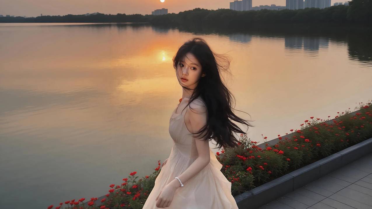 美女回眸 城市湖水倒影 4K桌面壁纸