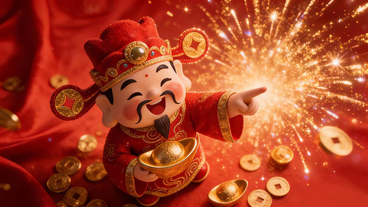 财神 元宝 喜庆背景 新年烟花 4K壁纸
