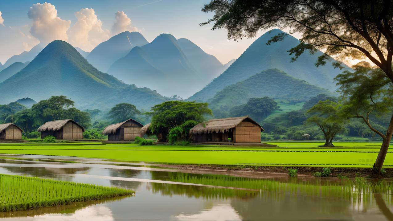  乡村 美丽风景 山峰 树林 房子 水稻 禾苗 乡间农田风景4K壁纸