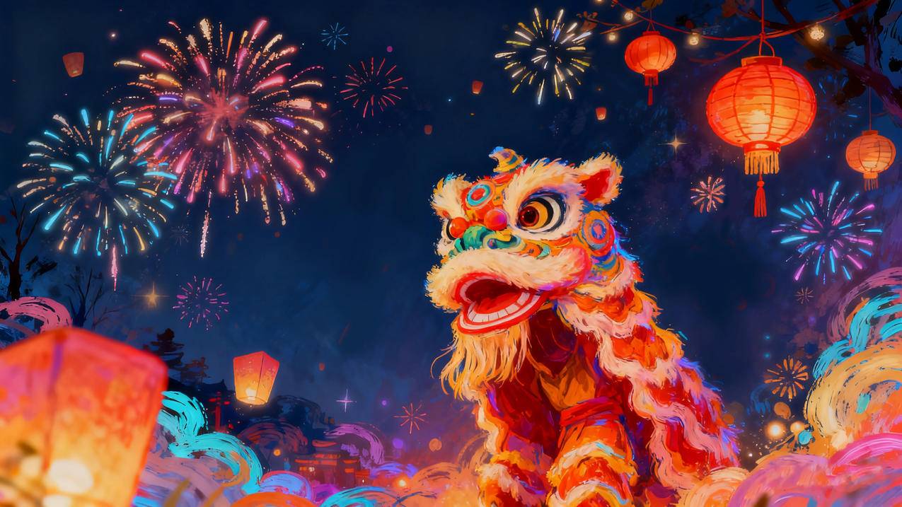 2026新年 晚上 喜庆节日 烟花 灯笼 舞狮 4K壁纸