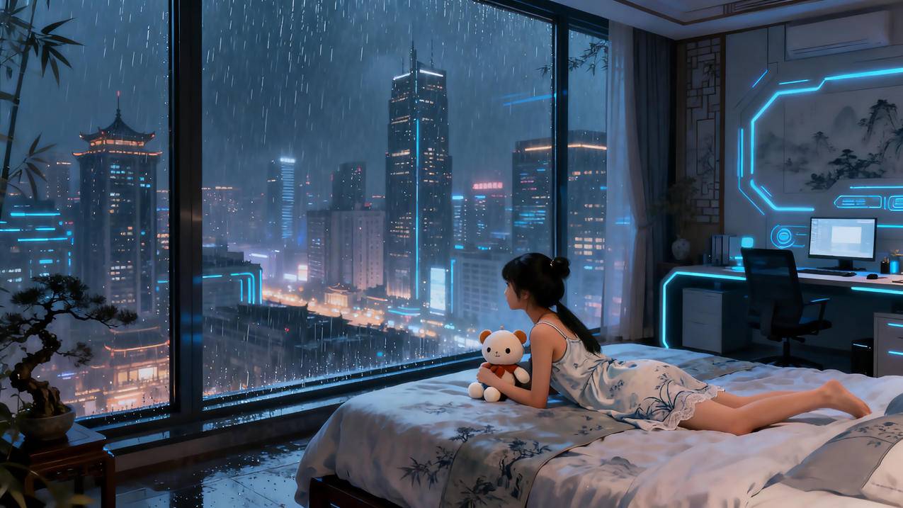 赛博朋克 房间 小女孩 落地玻璃窗 雨夜 4k壁纸