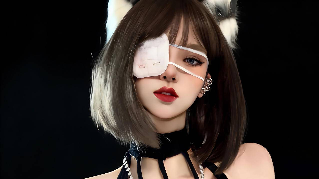 兽耳 波波头动漫美女 眼罩 暗黑背景 4K壁纸 3840x2160