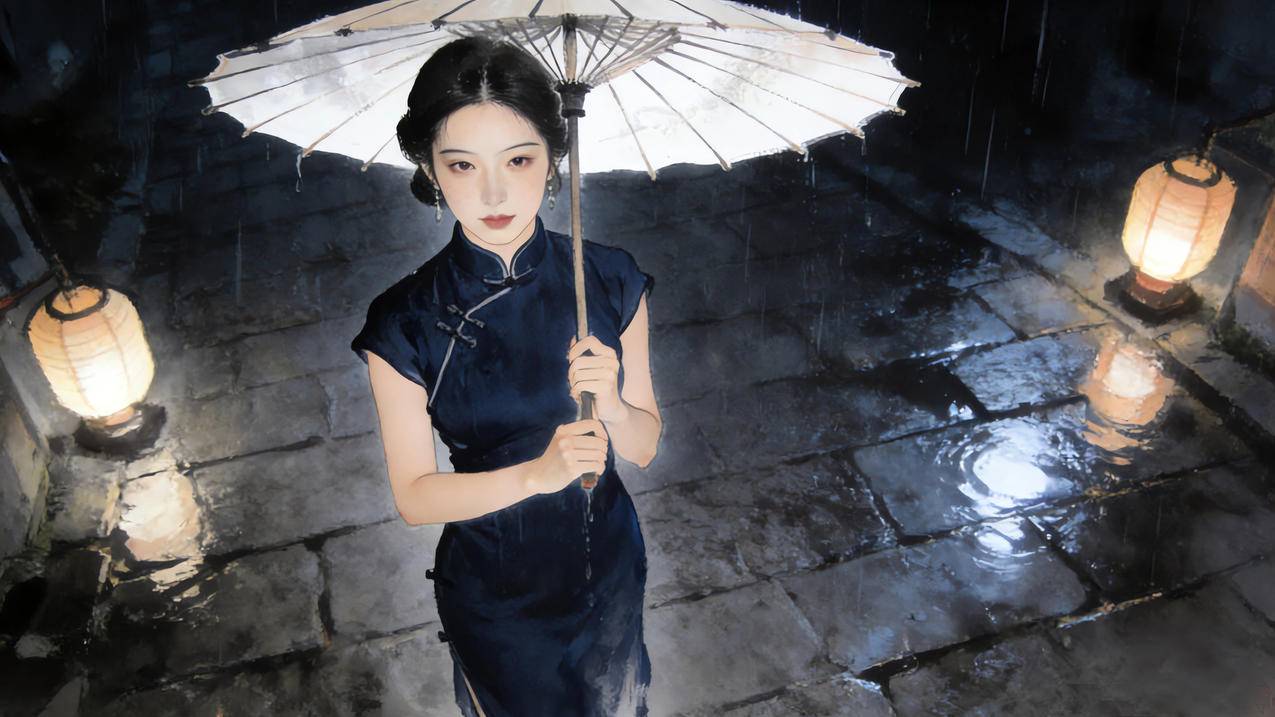 晚上 街道 雨天 伞 旗袍美女 路灯 4k壁纸