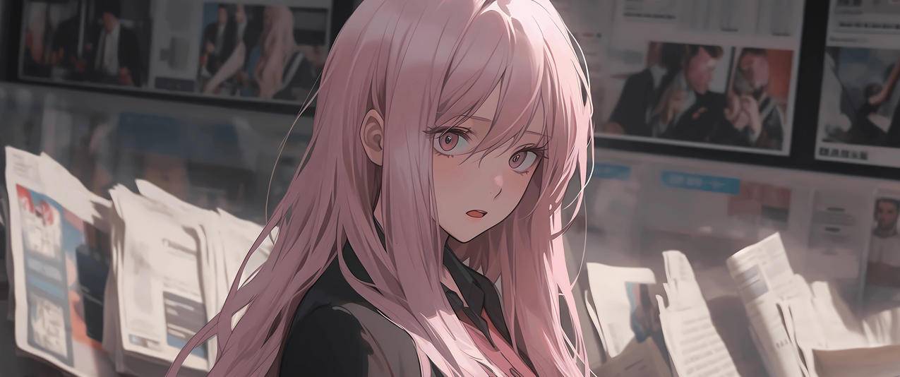 报纸墙 粉色长发女孩 3440x1440带鱼屏壁纸