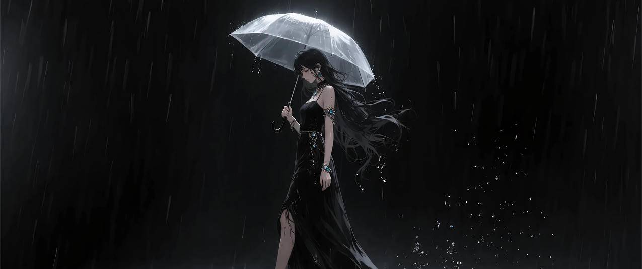 暗色系 雨夜 黑色裙子女孩 3440x1440动漫带鱼屏壁纸