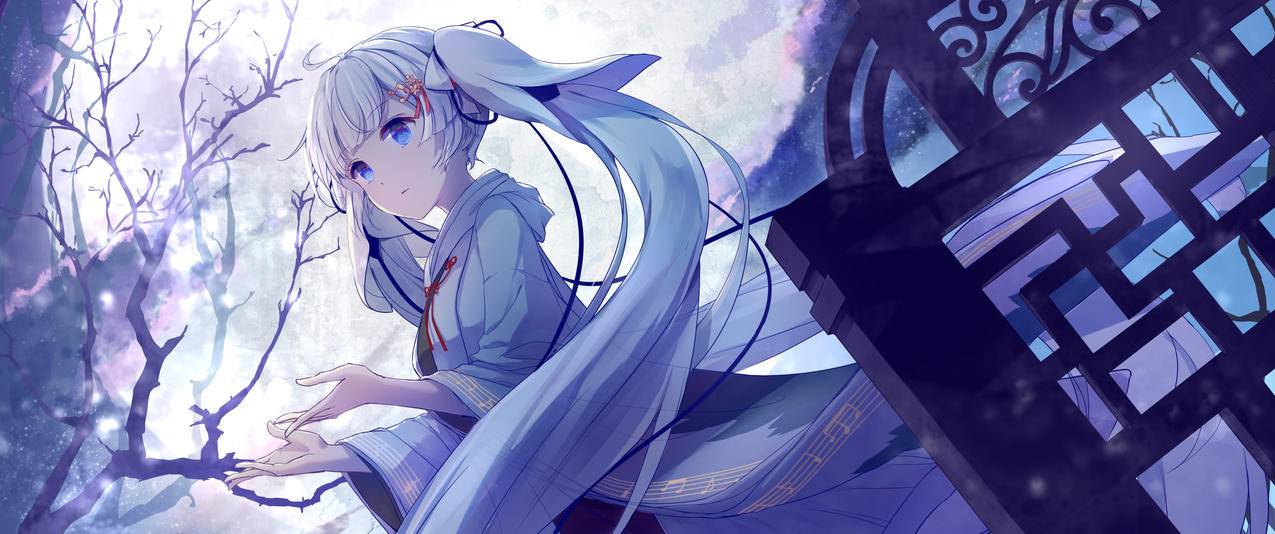 初音未来天使古风中秋动漫3440x1440带鱼屏壁纸