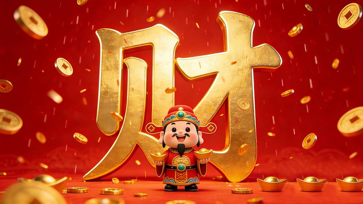 可爱财神送元宝 大大财字 钱雨 全屏4K壁纸