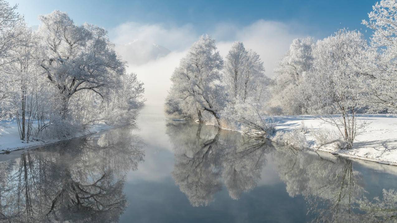 冬天 雪 自然风景 树木 水 河流 倒影 4K风景壁纸 3840x2160