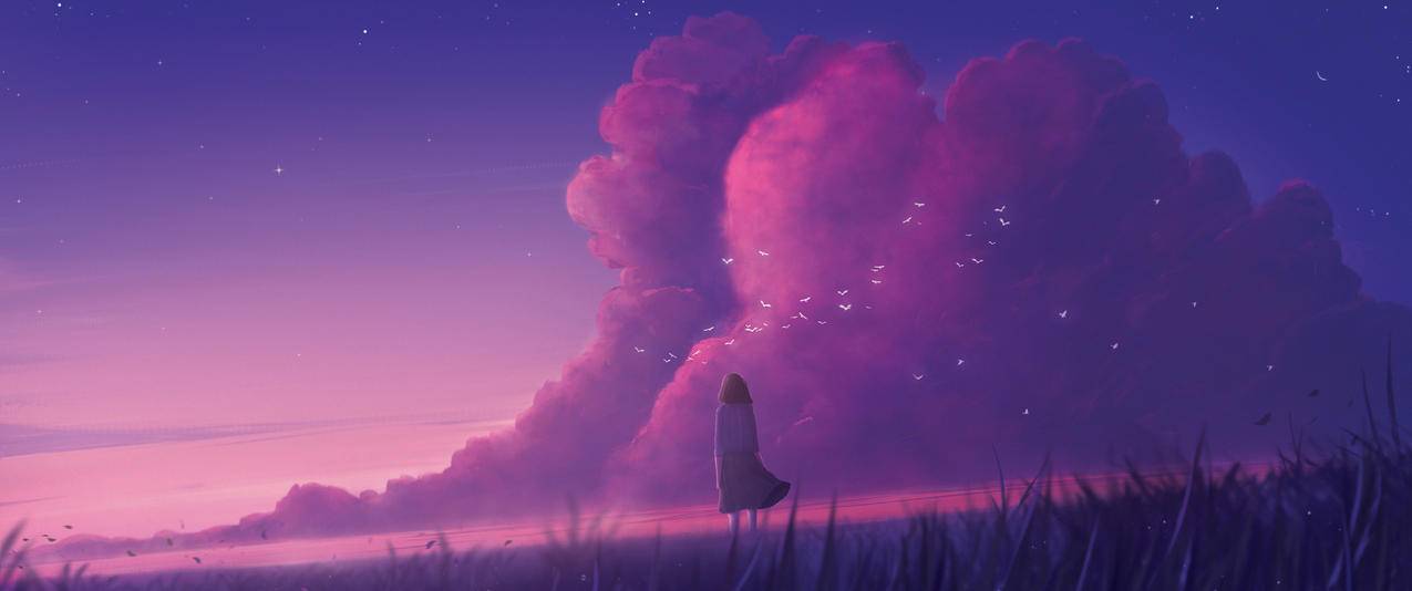 天空云朵 星星 鸟 田野 孤独女孩背影 草地 3440x1440带鱼屏壁纸