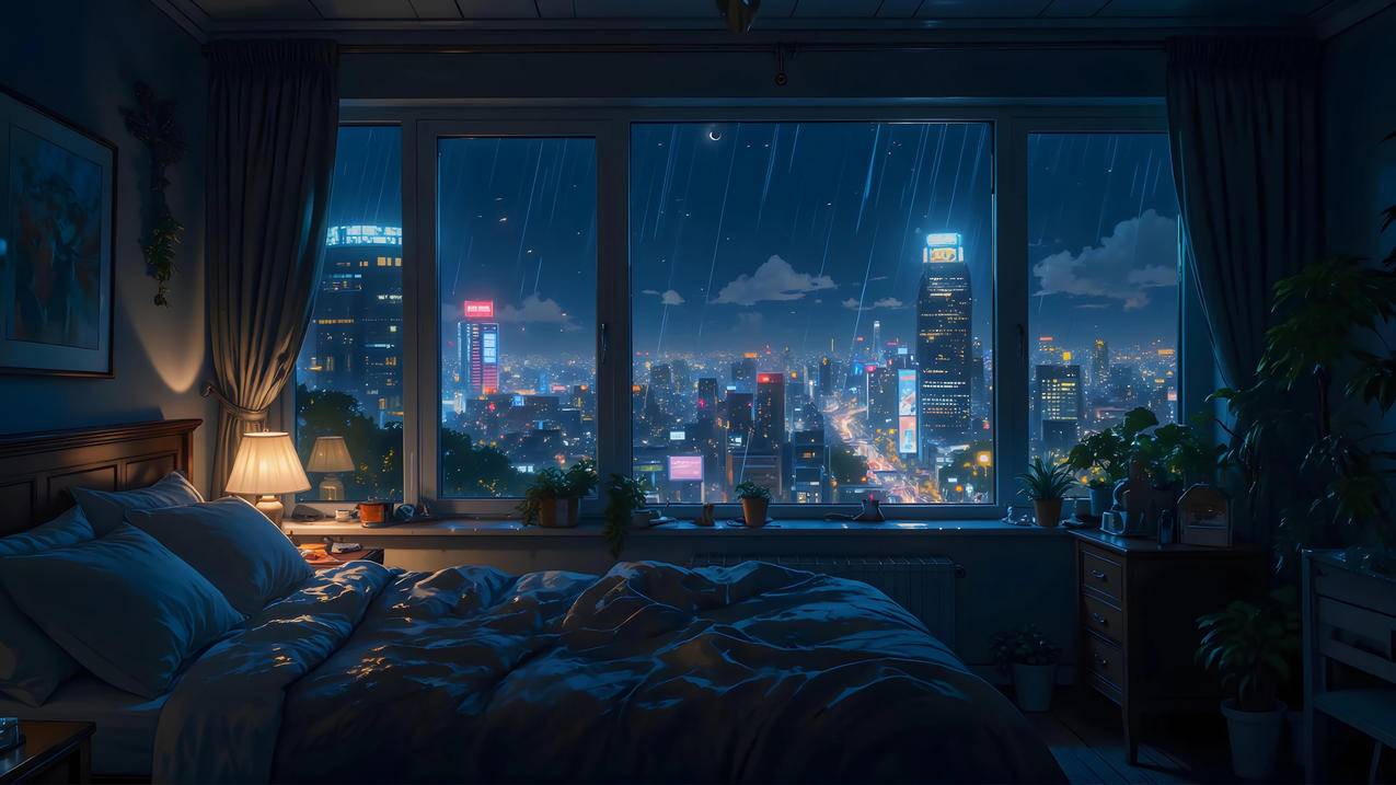 卧室 台灯 城市夜景 雨 窗景 房间温馨卧室 4K壁纸