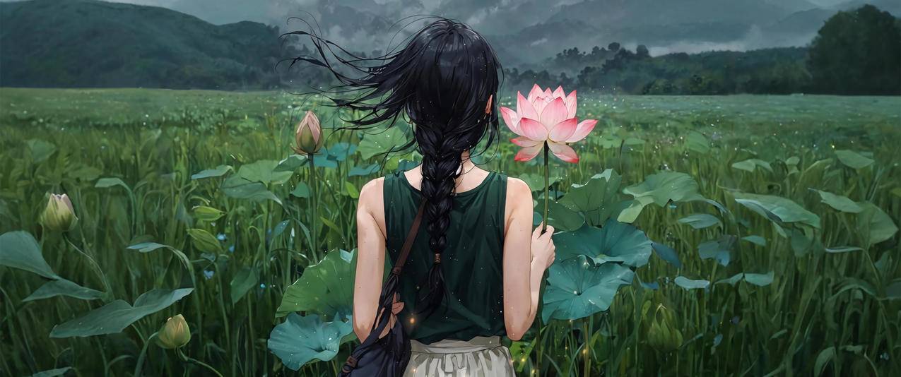 莲心山色 少女背影 唯美3440x1440动漫带鱼屏壁纸