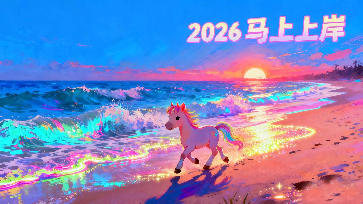 2026马上上岸 海边 小马 唯美梦幻荧光 4k壁纸