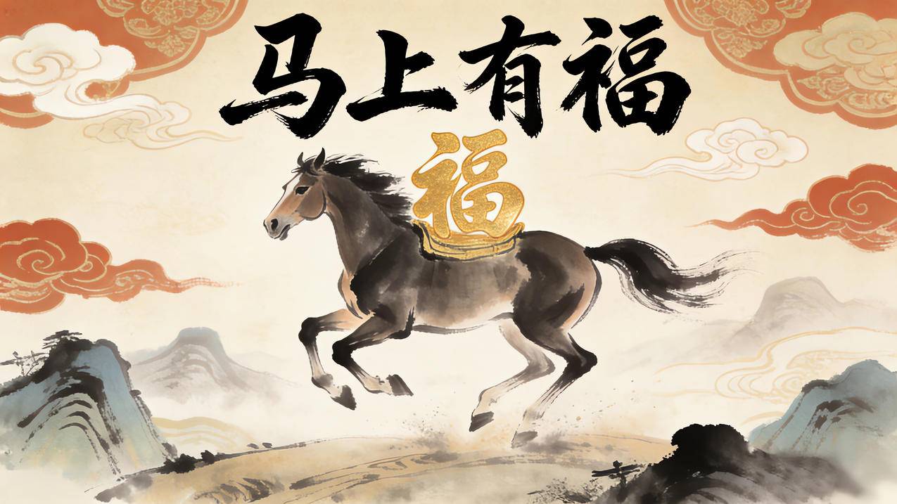 2026马年 水墨风 马上有福4K壁纸3840x2160