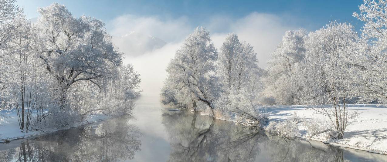 冬天 雪景 自然风景 树木 水 河流 倒影 3440x1440带鱼屏壁纸