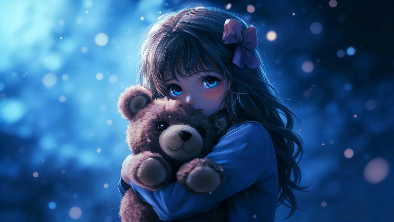 可爱小女孩 蓝色眼睛 抱着小熊 蓝色背景 4K壁纸