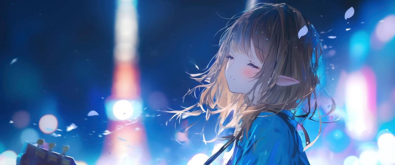女孩 短发 兽耳 吉他 音乐 3440x1440动漫带鱼屏壁纸