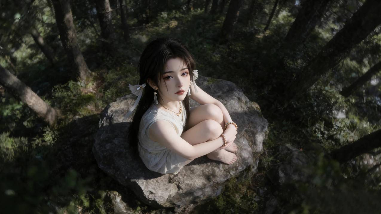 森林 坐在石头上的美女 宋玉4K电脑壁纸