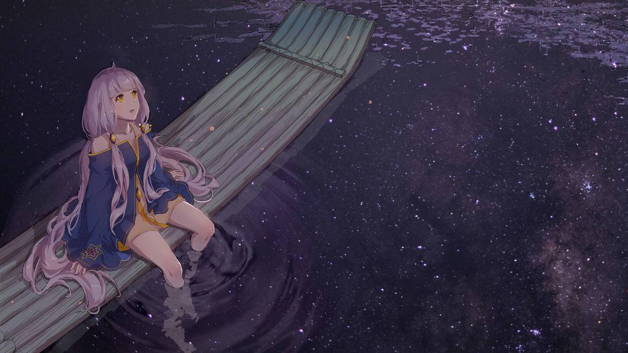 星尘 星空 湖水 竹筏 少女4K动漫壁纸