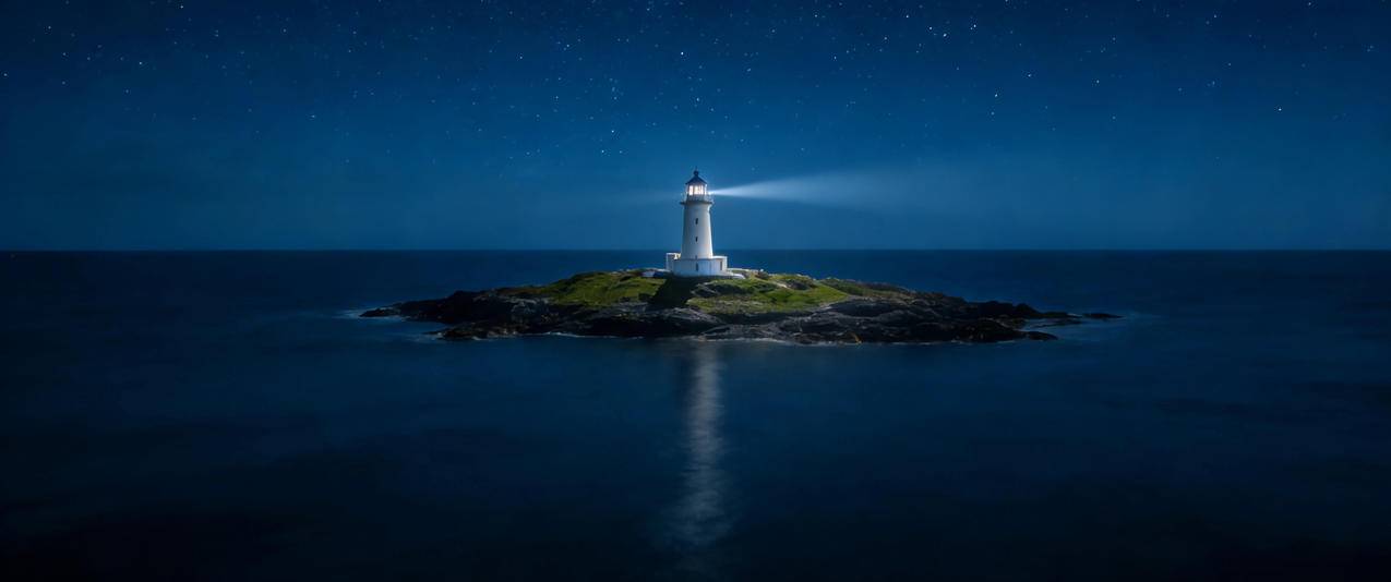 星空 小岛上的灯塔 3440x1440带鱼屏风景壁纸