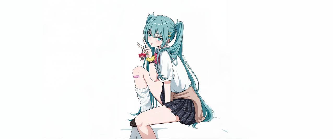 初音未来 双马尾 白色背景 3440x1440带鱼屏壁纸