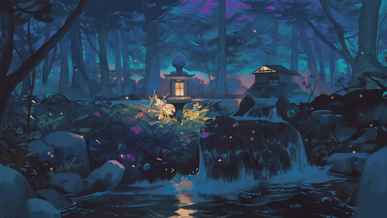 森林 夜晚 自然 树木 房子 瀑布 灯 4K高清风景壁纸