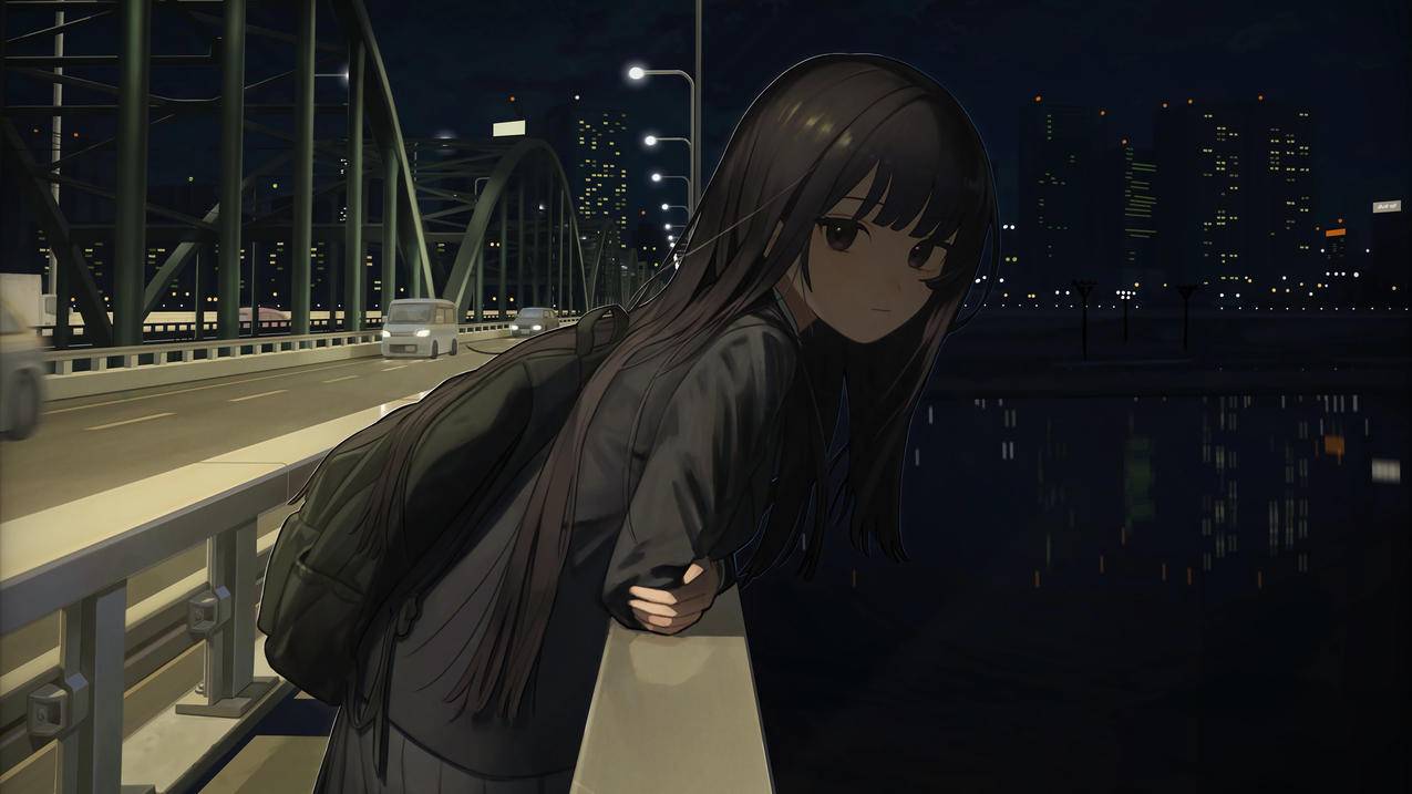 夜晚城市桥 黑色衣服长发动漫少女4k壁纸
