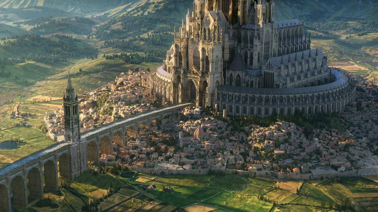 城堡 桥梁 树木 大教堂 房屋 俯视图 4K风景壁纸