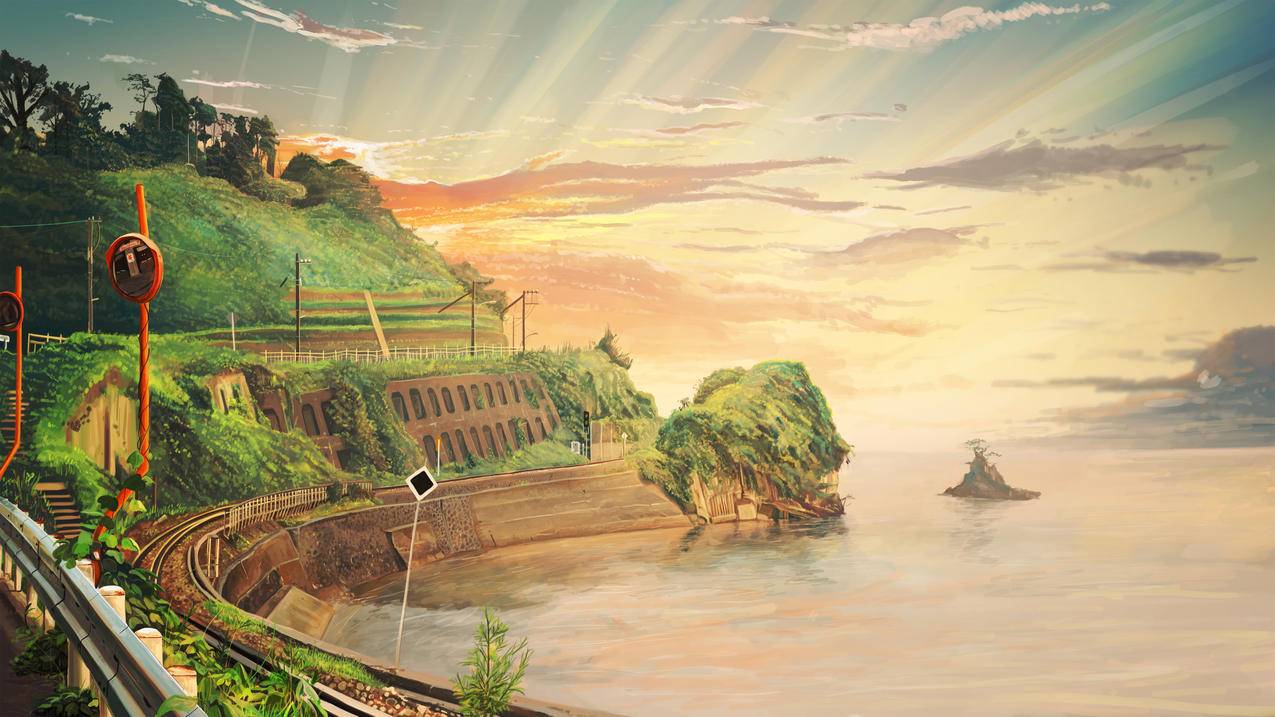 无云的海岸 道路 插画风景 4k高清壁纸